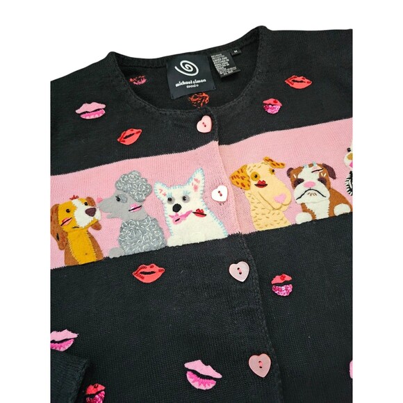 Michael Simon M Cardigan Dog Sweater Kiss Lips Embroidered Beaded Black Pink - Picture 6 of 16